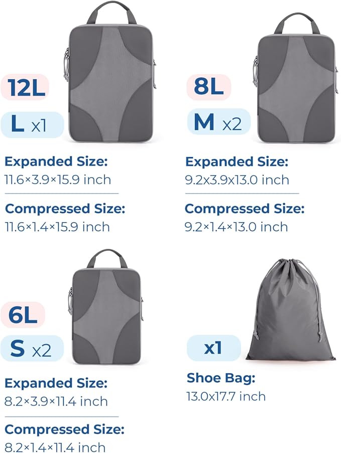 Bagsmart Compression Packing Cubes, Travel Bag Cruise Ship Essentials | Lightweight, Compressible Suitcase Organizer Set fit Standard Carry-On & Checked Luggage, 6 Set, 14 Set Washable Packing Bags - Image 2