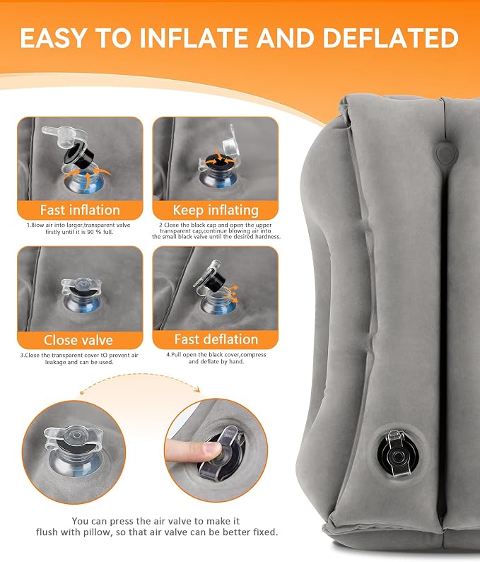 Sunany Travel Pillow, Upgraded Plane Pillow for Long Flights, Inflatable Neck Pillow Used for Airplanes,Cars,Buses,Trains,Office Napping with Eye Mask,Earplugs (Gray) - Image 6