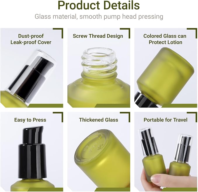 Segbeauty 0.5oz Frosted Glass Travel Size Containers for Lotions, 5pcs Mini Empty Lotion Bottles Pump Dispenser Refillable, 15ml Green Travel Containers for Creams, Small Hair Oil Pump Bottle Liquids - Image 2