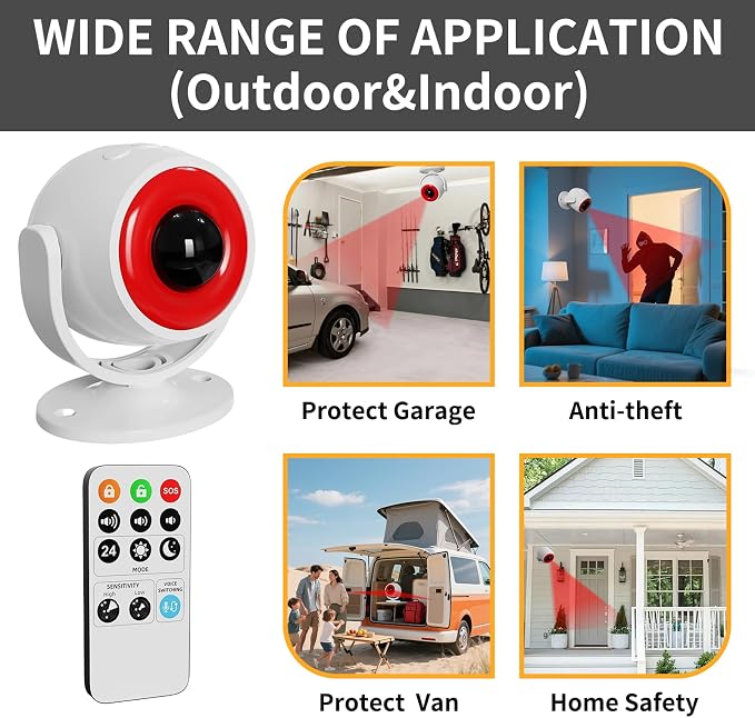 1 Pack Wireless Motion Detector Alarm for Indoor Use, PIR Motion Sensor with Sound Player for Pets, Dogs & Animal Deterrent, Intruder Alert & Remote Safety System, Noise Maker Sensor de Movimiento - Image 4