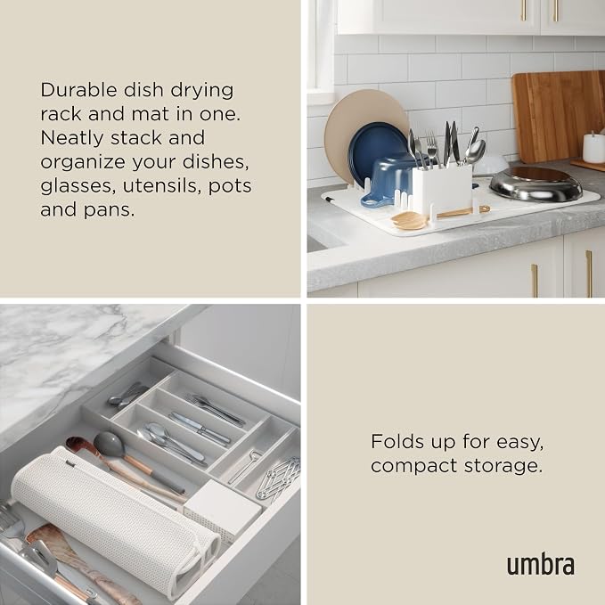 Umbra Udry Dish Drying Rack with Microfiber Mat, Foldable Drainer, Sand | Machine washable, protects countertops, utensil holder, compact space saving design - Image 4