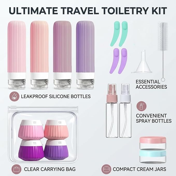 Travel Bottles Set 18 Pack, TSA Approved Leak Proof Silicone Travel Containers, Refillable Travel Size Containers for Toiletries, BPA Free, with Toiletry Bag for Shampoo Lotion Cream - Image 3