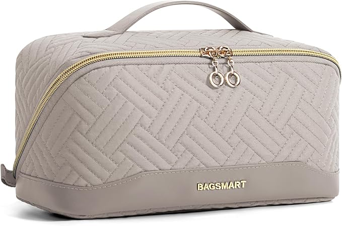 BAGSMART Makeup Bag Cosmetic Bag, Travel Makeup Bag,Water-resistent Makeup Bags for Women Portable Pouch Open Flat Make Up Organizer Bag for Toiletries, Brushes, Tranquil Gray by BAGSMART