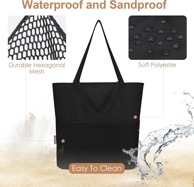 KABAQOO Large Beach Bag Waterproof Sandproof Tote Bag for Women with Zipper & Mesh Pockets for Pool Swim Travel Everyday | waterproof - Image 4