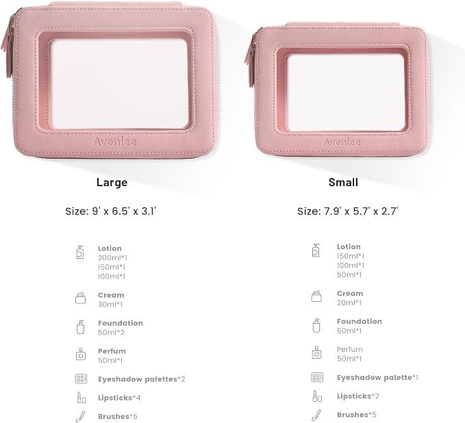Aveniee Clear Makeup Bag Organizer Set,Portable Travel Toiletry Case for Women, Vegan Leather Cosmetic Pouch Car Bag for Essentials 2pcs,Middle & Large,Pink - Image 3