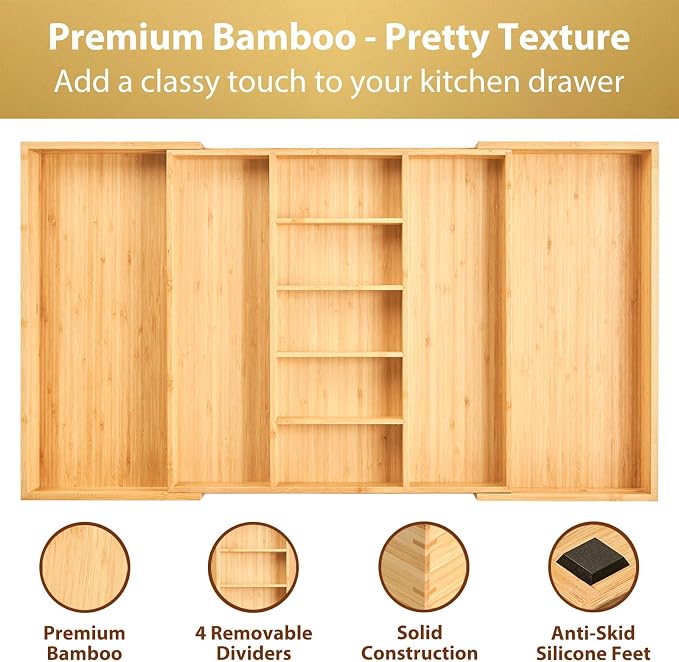 Extra Large Expandable Kitchen Drawer Organizer for Utensil and Junk, 19" Deep for Big Drawer, 19" to 33" Adjustable Bamboo Wood Drawer Divider, Cutlery Tray, Flatware Holder - Image 3