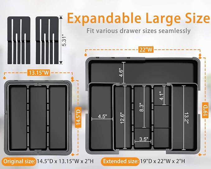 Large Utensil Drawer Organizer for Kitchen, Expandable Silverware Organizer Utensil Holder, Cutlery and Flatware Cooking Tray, Kitchen Drawer Organizers and Storage with Removable Knife Block, Black - Image 2