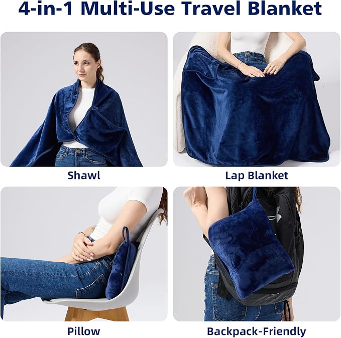 Packable Travel Throw Blanket, Navy Blue | Soft lightweight wearable travel accessory with carry pouch, airplane blanket, road trips, office naps,outdoor camping - Image 2