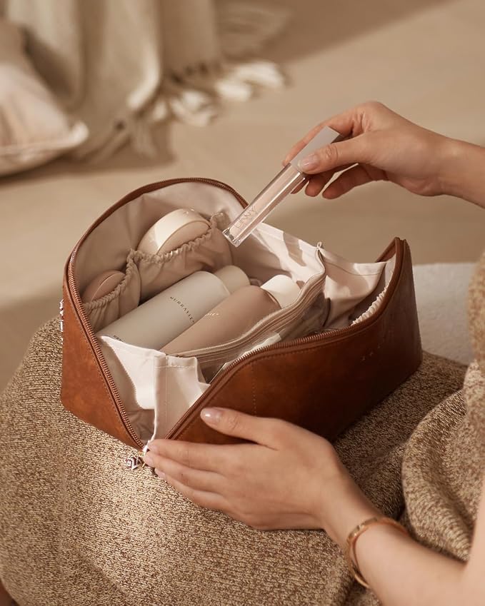 EACHY Travel Makeup Bag for Women, PU Leather Cosmetic Bag, Brown, Medium | Water-resistant PU leather exterior with flat-open access, clear TPU brush compartment and organized storage for cosmetics - Image 8