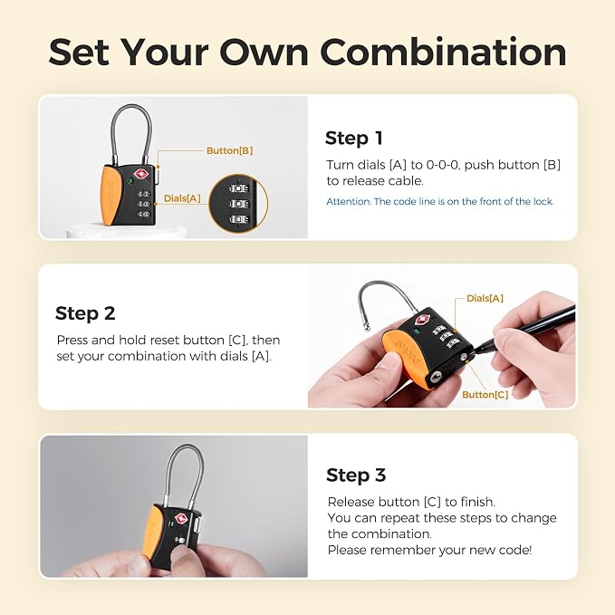 pack all TSA Approved Travel Luggage Locks, Resettable 3-Digit Code | Open Alert Indicator, Flexible Steel Cable, Zinc Alloy Body, Clear Number Dials, For Suitcase, Toolbox, Backpack, 1 Pack - Image 9