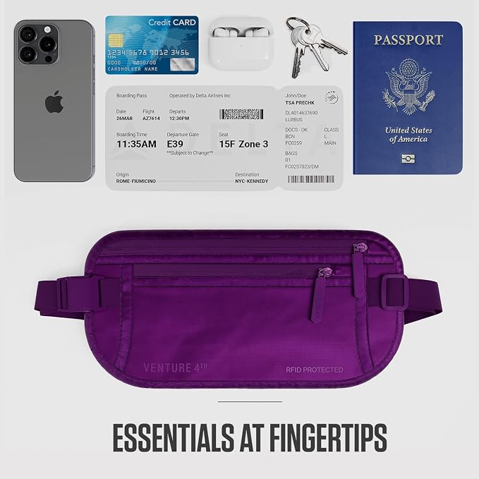 VENTURE 4TH Travel Money Belt, RFID Blocking Passport Holder - Sleek Purple - Image 7