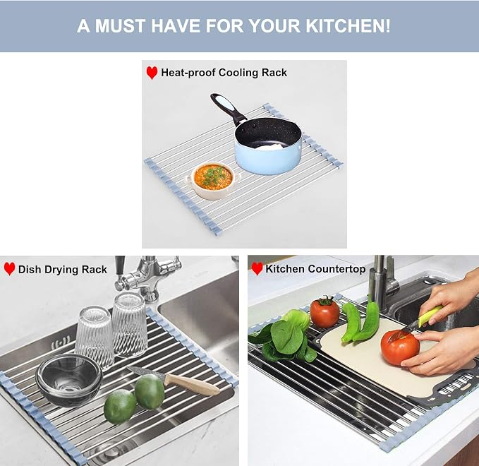 Over The Sink Dish Drying Rack, Roll Up Dish Drying Rack Kitchen Dish Rack Stainless Steel Sink Drying Rack, Foldable Dish Drainer, Gray (20.4''x13.7'') - Image 2
