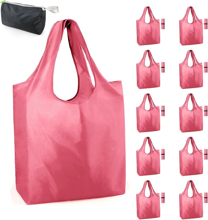 BeeGreen Pink Reusable Grocery Bags with Elastic Band Pink Reusable Shopping Bags Bulk 50LBS X-Large Foldable-Machine Washable-Heavy Duty 10 Pieces by BeeGreen