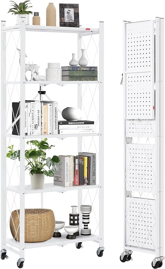DEANIC 5-Shelf Folding Bookcase with Wheels, Rolling Bookshelf Heavy Duty Storage Shelves, Freestanding Metal Wire Shelving Unit for Living Room, Office, Kitchen, Basement, Pantry (White) by ShowNow