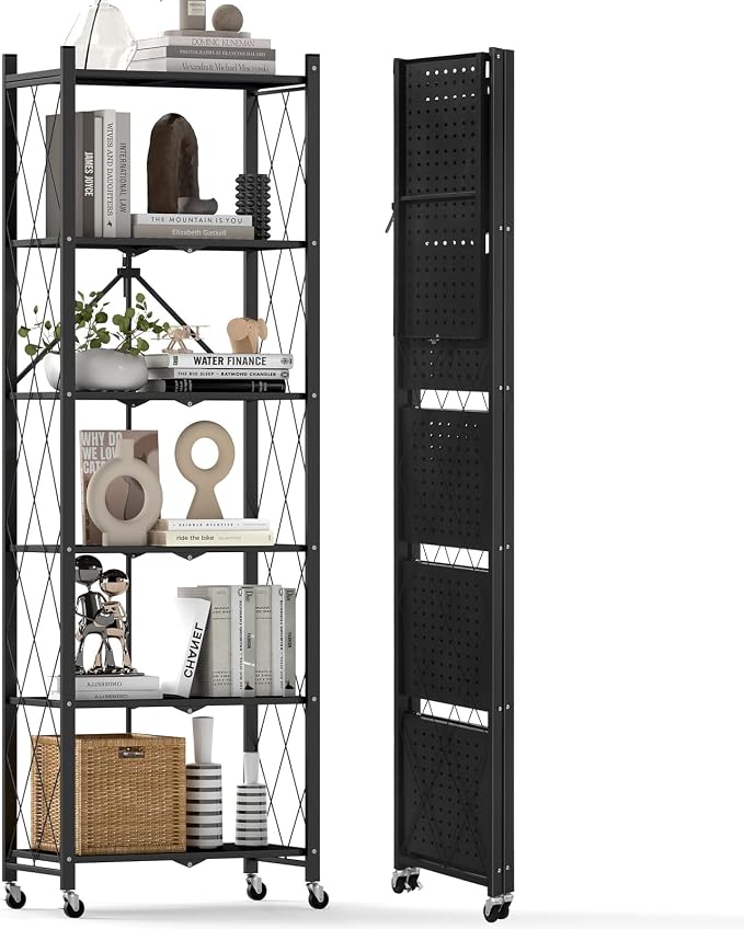 DEANIC 6-Shelf Folding Bookcase with Wheels, Heavy Duty Storage Shelves, Freestanding Metal Wire Shelving Unit for Living Room, Office, Kitchen, Basement, Pantry (Black) by ShowNow