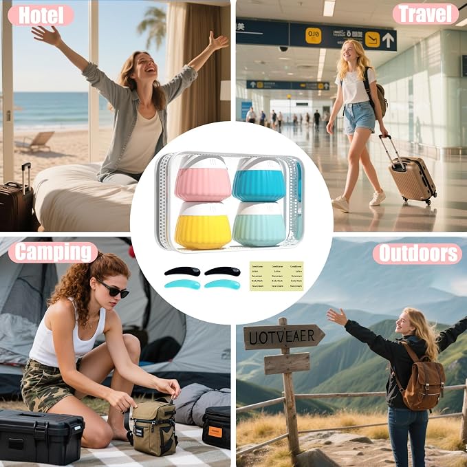 4 Pack Silicone Travel Cream Containers, Refillable Toiletry Jars | Leak Proof Design, Comes with Scoops, Labels & Clear Bag, Perfect for Travel Shampoo, Conditioner and Skincare Toiletries - Image 6