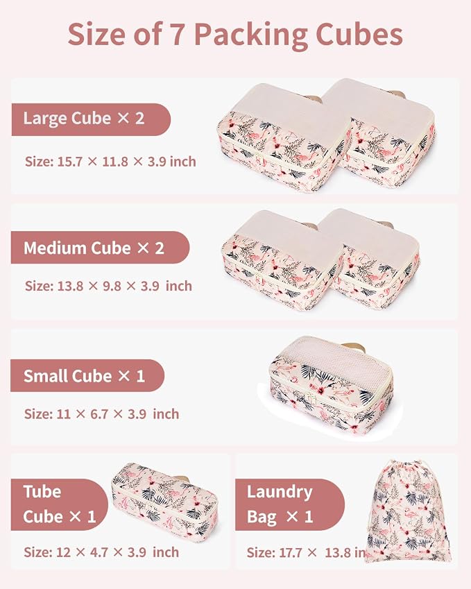 Narwey 7 Set Packing Cubes for Travel, Durable Packing Organizers for Kids Women Men, Carry on Luggage Travel Essentials Accessories (Beige Flamingo) - Image 3