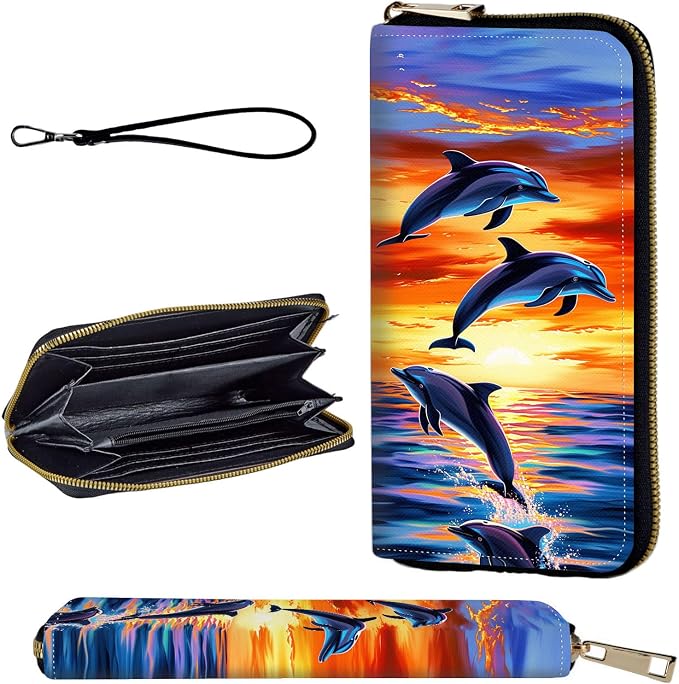 Wallet,Leather Long Wallet Suitable For Ladies And Teenagers - Detachable Wristband + RFID Travel Wallet With Card Slot - Dolphin Jumping Ocean Sunset Beach by Unknown