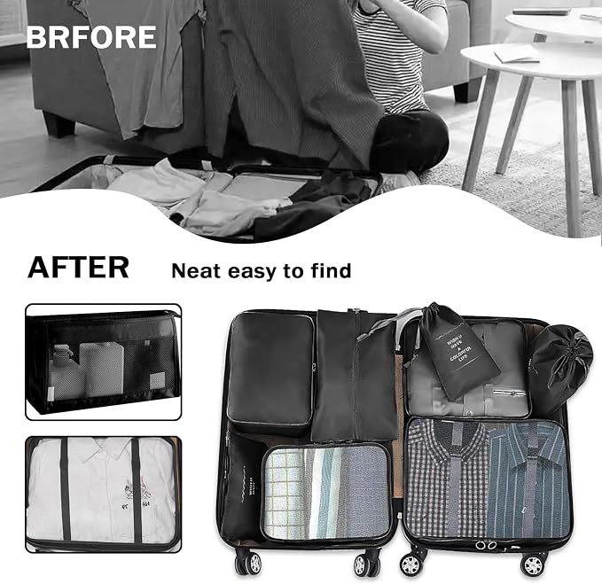 8 Set Packing Cubes for Suitcases, INVODA Travel Luggage Packing Organizers with Laundry Bag, Compression Storage Shoe Bag, Clothing Underwear Bag (Black) - Image 3
