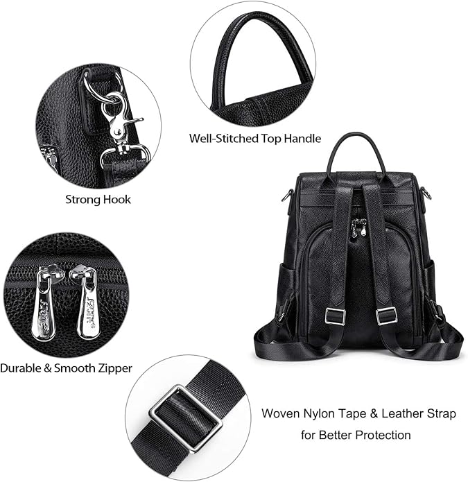 S-ZONE Leather Backpack Purses for Women Antitheft Rucksack Shoulder Bag Medium | Genuine Leather, Medium Fits 9.7-inch Tablet, for Work Travel Daily Commute, Multi Pockets, Adjustable Dual Straps - Image 5