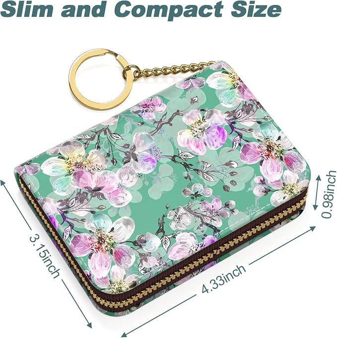 Nipichsha Women's Small RFID Blocking Credit Card Wallet, Plum Flower, Leather, Slim and Compact Size, 12-Slot with Privacy Protection | Leather Card Holder Wallet, Credit Card Wallet Organizer, Business Card Case with Zipper & Keychain, 12-Slot Compar... - Image 5