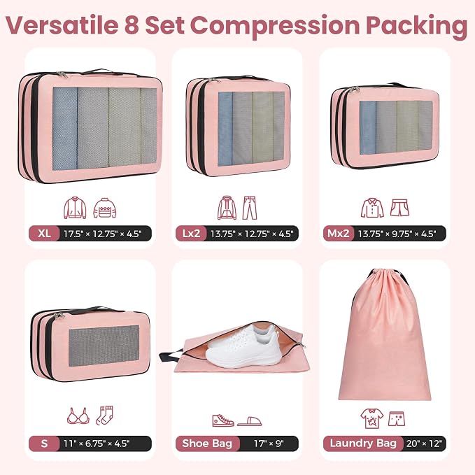 BAGAIL 8 Set Compression Packing Cubes, Expandable Luggage Organizer Bags for Travel Accessories (Pink) - Image 3