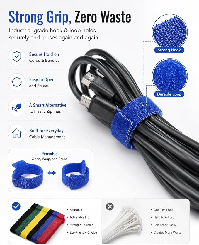 120 PCS 6 Inches Reusable Cable Ties, 5 Colors Adjustable Cord Organizer, Hook and Loop Wire Ties for Cable Management, Multi-Purpose Cord Wraps for Home, Office, and Desk - Image 7