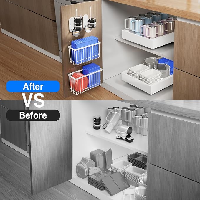 Mustorn 4 Pack Adhesive Cabinet Door Organizer, Lid Organizers Inside Cabinet Food Container/Tumbler Lid Organizer and Storage Cup Lids Holder for Kitchen & Bathroom Wall Mounted(White) - Image 7
