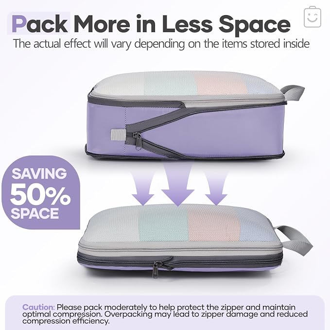 Veken 9/11 Set Compression Packing Cubes Garment Bags for Travel Essentials,Compressible Expandable Luggage Organizer Bags for Clothing,Space Saver Bags with Over 1000 pcs of Mesh Holes(Purple Gray) - Image 6