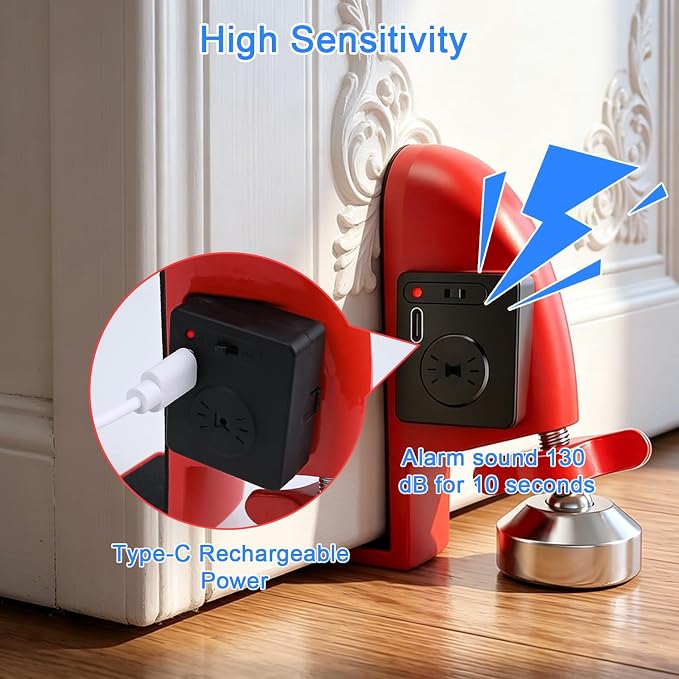 Portable Alarm Door Stopper, Rechargeable Door Jammer, Anti Theft Blocker for Hotel Room & Apartment Safety, Easy Installation Travel - Image 2