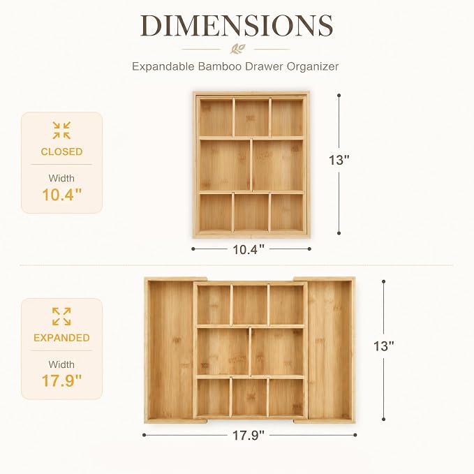 Bamboo Drawer Organizer Expandable Desk Storage Set, 10 Adjustable Compartment Junk Drawer Divider and Trays Containers for Kitchen Utensil, Office Supplies, Makeup, Jewelry & Cosmetics Organization - Image 2