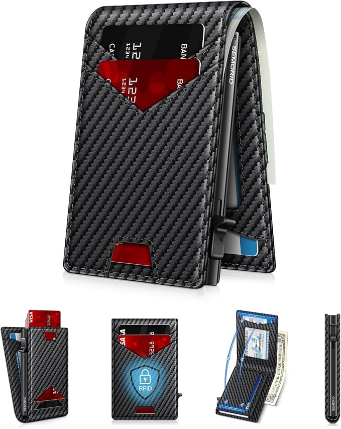 Wallet for Men RFID Blocking Minimalist Card Holder Wallet for 12-14 Cards | Slim Bifold Smart Wallet with ID Window & Cash Slot, Front Pocket Compact Metal Credit Card Case, Birthady Gifts for Men by SEMORID