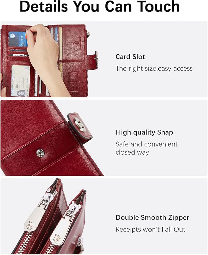 BOSTANTEN Womens Leather Wallet RFID Large Capacity Credit Card Holder | 3 Zipper Pockets, 2 SIM Slots, Clutch Wallet, Long Bifold, Ladies Gifts - Image 5