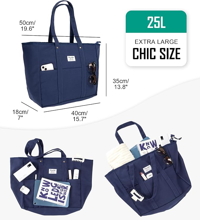 Bagelite Extra Large Canvas Tote for Women Men, Utility Work Bag with Zipper - Image 5
