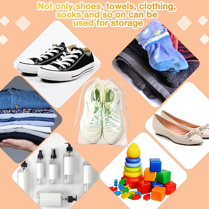 100 Packs Shoes Bags for Travel 10 x 14 Inch Large Transparent Plastic Bags | Clear Drawstring Bags Plastic Waterproof Shoe Packing Bag Storage Organizer Pouch with Rope for Men Women Travel Accessories - Image 4