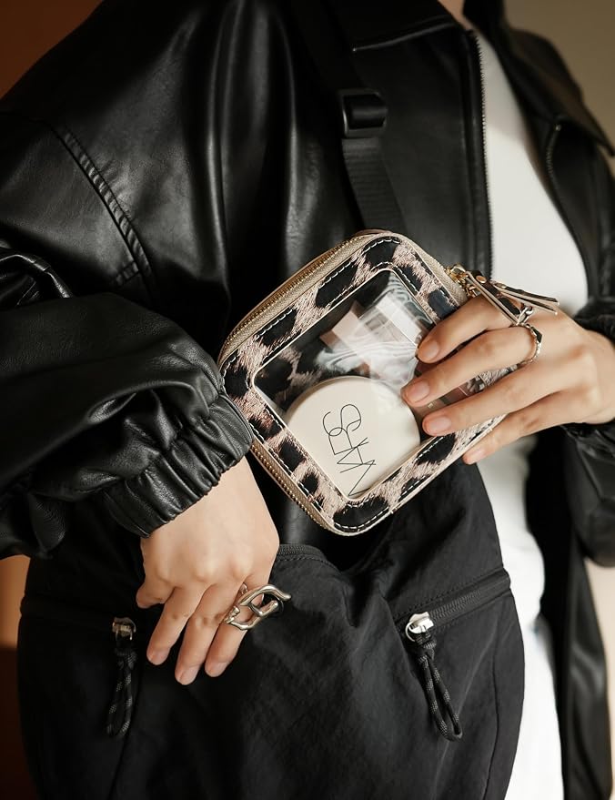 Small Makeup Bag for Purse Accessories Women Clear Cosmetic Mini Pouch Car Essentials Bag Leopard Print Clear Leather Make Up Travel Bag Organizer with Zipper Cute Compact Cheetah Little Toiletry Bag - Image 5
