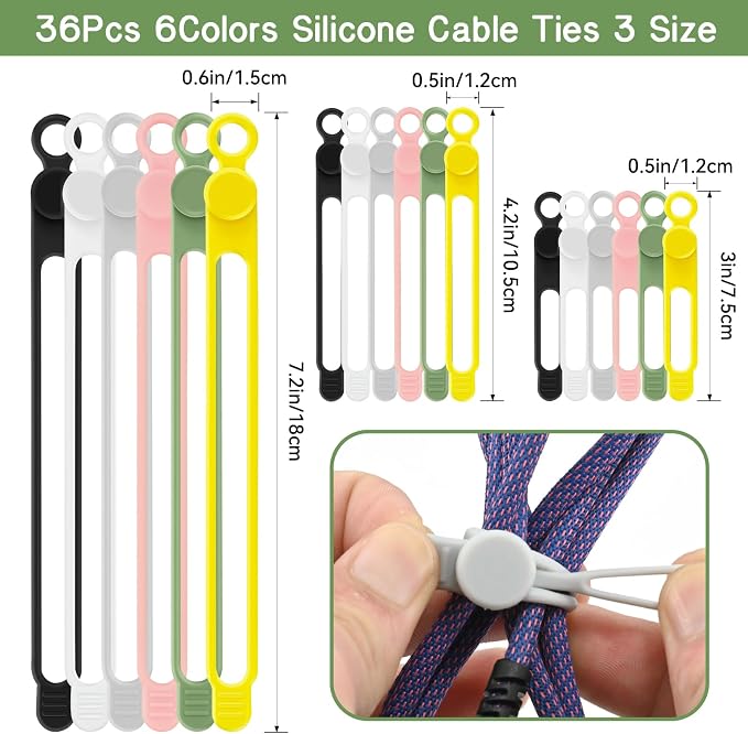 36Pcs Silicone Cable Ties, 6 Colors Data Cable Organizer Ties, 3 Sizes Cord Ties for Charging Cables, Wire Organizers, Electrical Cords, Computer Wires, Cord Organizers - Image 2
