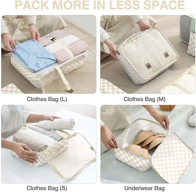 8 Set Packing Cubes for Suitcases,Packing Cube with Shoe, Cosmetics, Clothing, and Accessories Bags Packing Cubes for Travel Luggage Organizer Women Men(Khaki Checkered) - Image 4