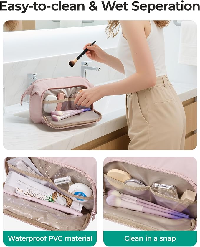 BAGSMART Travel Makeup Bag, Cosmetic Bag Small Make Up Organizer Case,Wide-open Pouch for Women Purse for Toiletries Accessories Brushes,Large Beige - Image 3