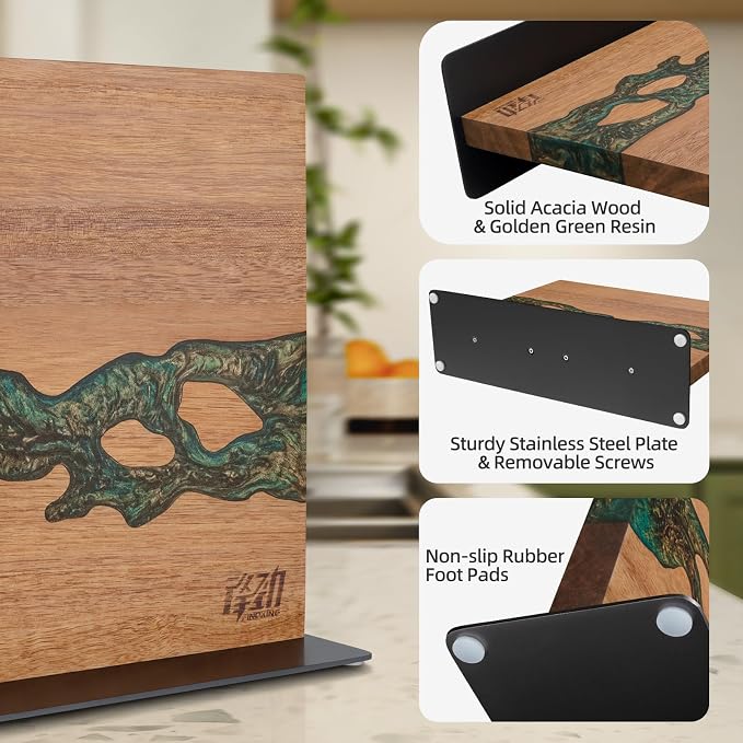 Magnetic Knife Block, Double-Sided Knife Holder with Strong Magnets, Acacia Wood and Golden Green Resin, Countertop Kitchen Knife Storage Stand (12 × 10 Inches, Without Knives) - Image 7