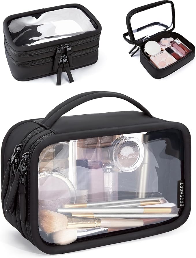 BAGSMART Double Layer Clear Makeup Bag, TSA-Approved Toiletry Bag, Large Opening with Handle, Cute Water-Resistant Travel Cosmetic Bag with Double Zipper for Car Essentials(Black) by BAGSMART