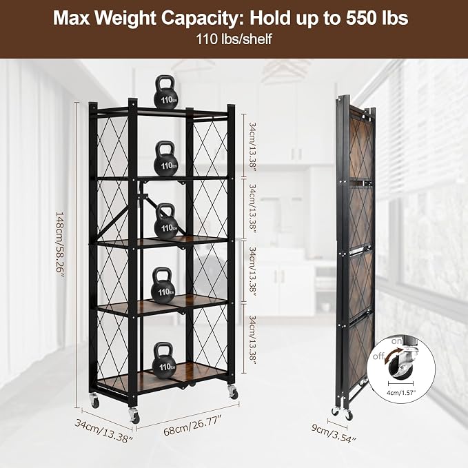 5 Tier Folding Shelf with Wheels, Wood and Metal Bookshelf | No Assembly Foldable Storage Shelves, Vintage Storage Rack for Living Room, Bedroom, and Home Office - Image 2