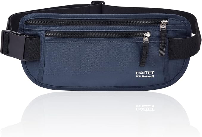 RFID Blocking Money Belt for Men Women, Slim Fanny Pack for Travel，Running,Conceal Waist Wallet for Passport Holder,Phone,Cash(Black Dark Blue) by DAITET
