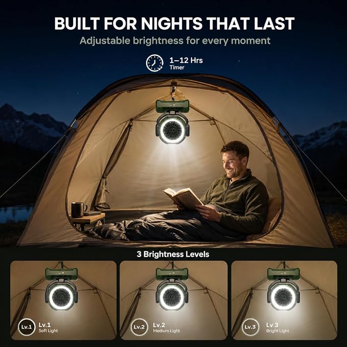 3-in-1 Portable Camping Fan, 20000mAh Rechargeable Fan with 1-100 Speeds | Auto-Oscillating Cordless Battery Powered Fan with 12H Timer, LED Lantern, Display, Gift for Men Women, Travel, Jobsite, Tent - Image 6