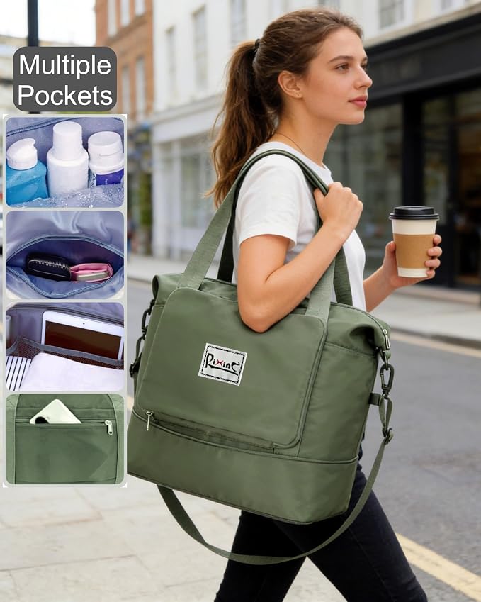 Foldable Travel Duffel Bag for Women, Olive Green | 40L Expandable Water-Resistant Carry on Bag, Personal Item Travel Bag Flight Approved with Wet Pocket for Gym Travel, Nylon - Image 3