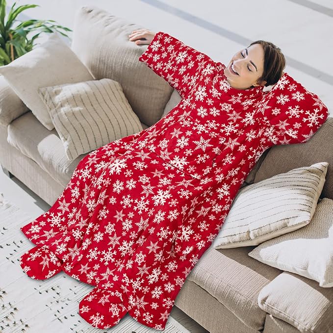 PAVILIA Fleece Blanket with Sleeves, Foot Pockets for Women Men Adults, Plush Wearable Blanket Throw Wrap, Warm Snuggle Blanket Robe, Cozy Gift Ideas Wife Mom, Snowflake Red - Image 3