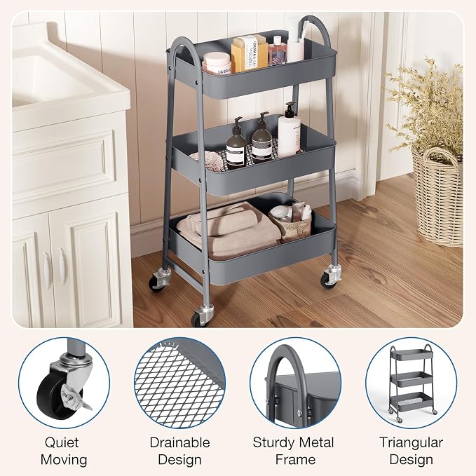 OLIXIS Metal Rolling Storage Utility Cart with Lockable Wheels 3 Tiers | Mobile Organizer Shelf, Space-Saving, Freestanding, Bathroom, Living Room, Slim, Narrow Corner Spaces, Gray - Image 2