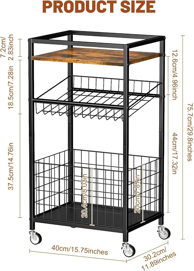 Fruit Vegetable Cart, 3-Tier Snack Cart on Wheels & Wood Top, Brown | Vegetable Rack For Kitchen, Kitchen Cart Organizer for Fruit, Vegetables, Potato, Snack - Image 2