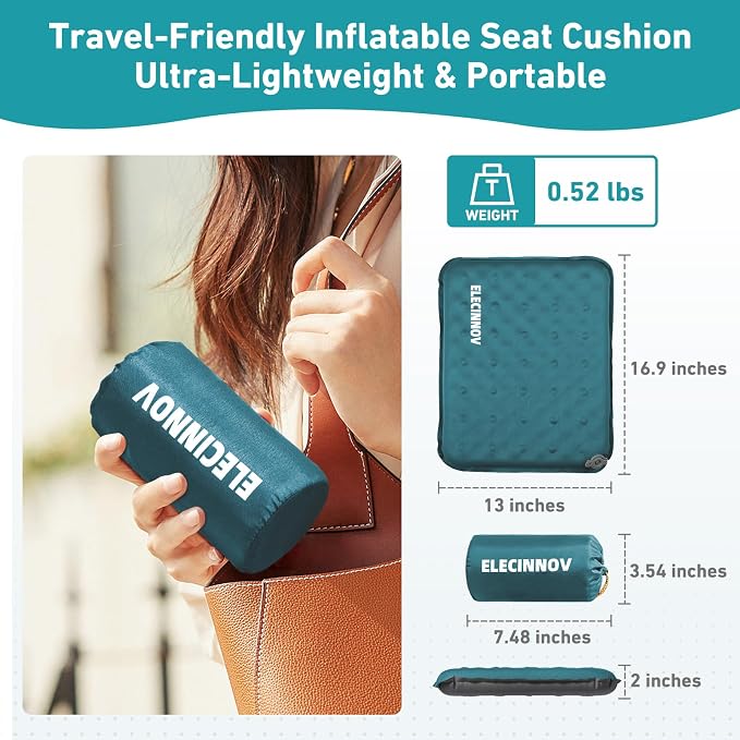 Inflatable Seat Cushion, Self Inflating Compact Stadium Seat Cushion | Airplane Bleacher Seat Cushion Comfortable & Portable Blow-Up High Density Foam Pad for Travel Outdoors Camping (Blue) - Image 2