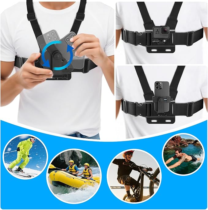 9-in-1 Chest & Head Mount Kit for GoPro, iPhone, DJI, Action Cam POV | Hands-Free POV Recording. Compatible with Samsung, Insta360, AKASO, SJCAM. Sturdy phone clamp & protective net included - Image 6